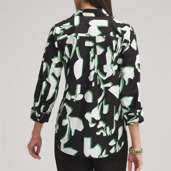Chico's Non Iron Black and Green Floral Abstract Button Down 3/4 Sleeve Top 16 - Picture 10 of 11